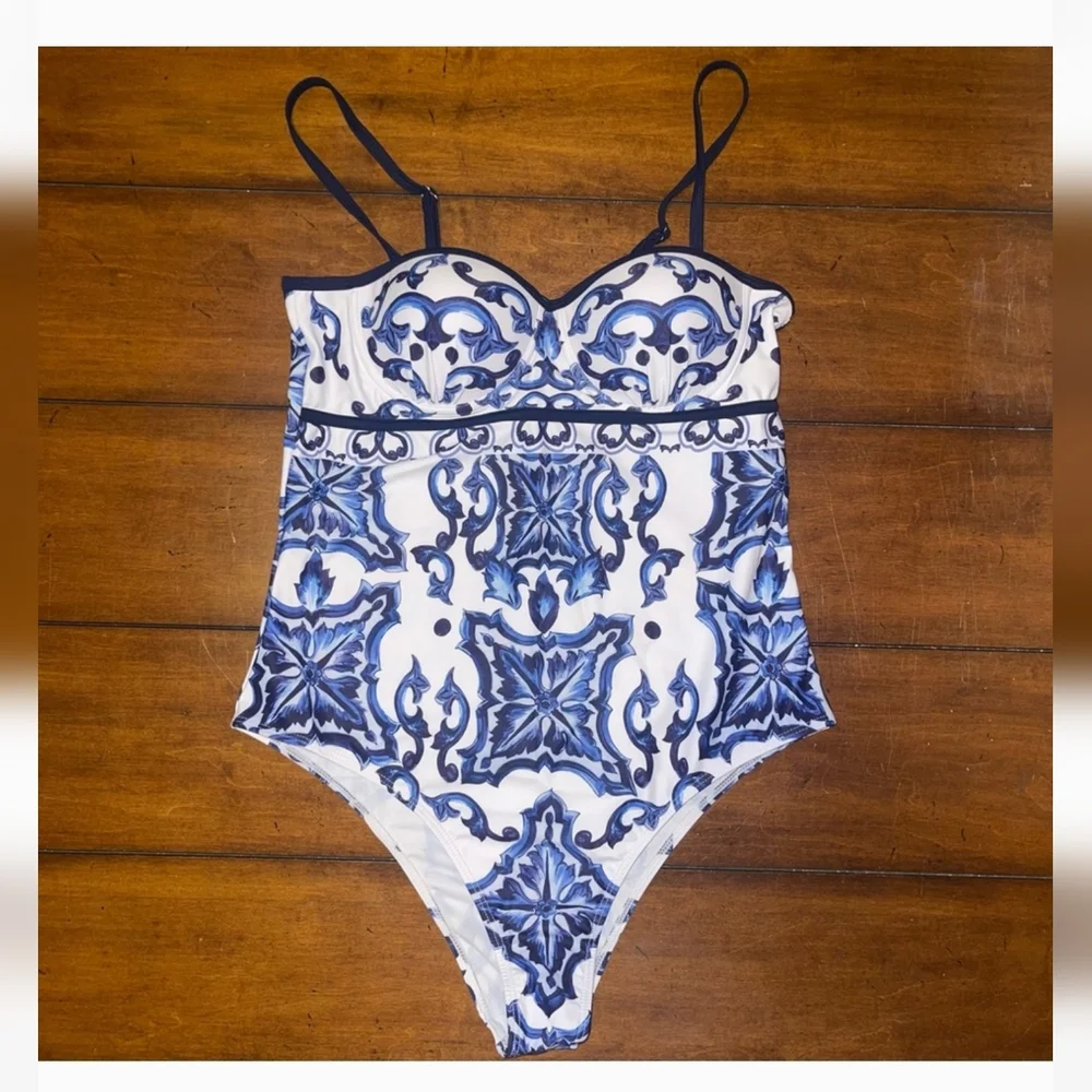 Blue and White Patterned Women's Swimsuit